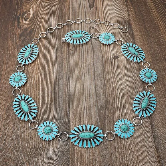 Silver Boho Vintage Western Turquoise Stone Concho Statement Belt